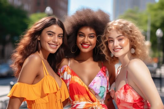 Three young smiling women of different races in summer colored clothes on a city street.