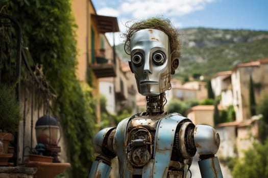 A steel robot walks against the background of a city street in summer.