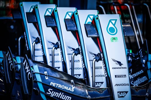 MELBOURNE, AUSTRALIA - MARCH 21: Mercedes-AMG PETRONAS Formula One Team front wings in pitlane at the 2024 Australian Grand Prix at Albert Park in Melbourne, Australia