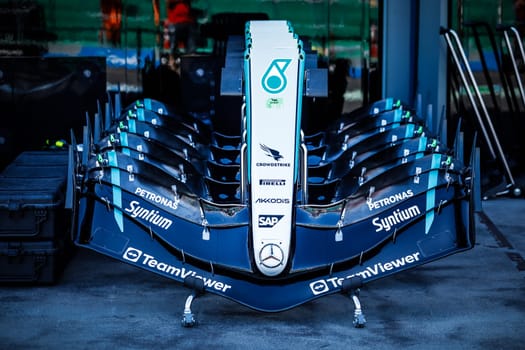 MELBOURNE, AUSTRALIA - MARCH 21: Mercedes-AMG PETRONAS Formula One Team front wings in pitlane at the 2024 Australian Grand Prix at Albert Park in Melbourne, Australia