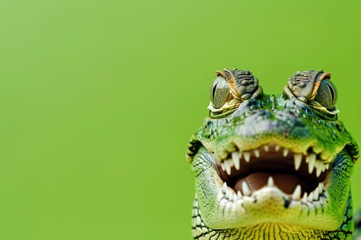 A close-up of a crocodile's head against a green backdrop, perfect for wildlife campaigns, educational materials, or vibrant graphic designs. Copy space for text. Generative AI
