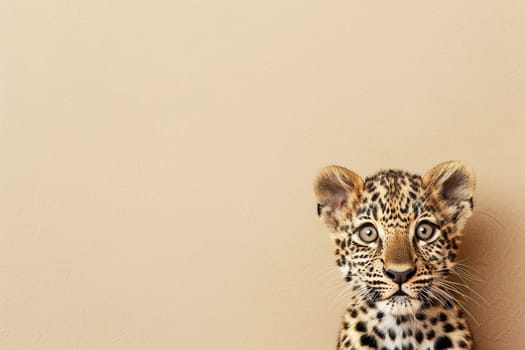 An adorable leopard cub with bright eyes on a beige background, perfect for wildlife conservation themes, educational material, or creative designs. Copy space for text. Generative AI