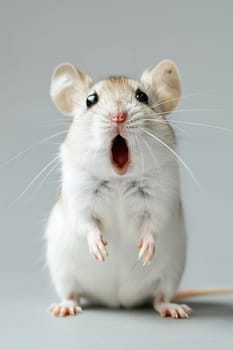 Comical white mouse with a surprised expression on grey background, ideal for educational purposes, humorous content, or pet-related advertising. Copy space for text. Surprised animal. Generative AI