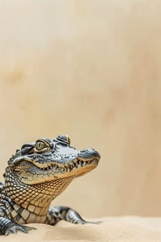 A young crocodile poses with a sandy backdrop, ideal for nature themes, conservation efforts, educational content, or creative projects. Copy space for text. Vertical picture. Generative AI