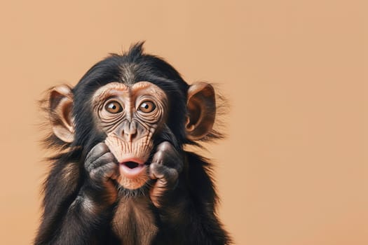 Cute, surprised monkey with large, captivating eyes on brown background. Ideal for promotions, great deals or offers. Good price, Black Friday, discount. Copy space for text. Generative AI