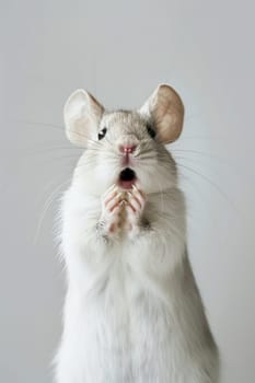Comical white mouse with a surprised expression on grey background, ideal for educational purposes, humorous content, or pet-related advertising. Copy space for text. Surprised animal. Generative AI