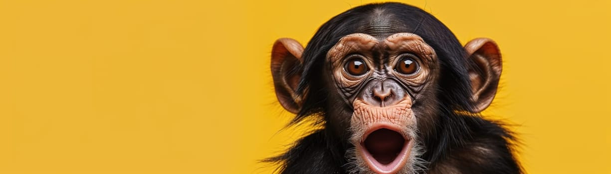 Cute, surprised monkey with large, captivating eyes on yellow background. Ideal for promotions, great deals or offers. Good price, Black Friday, discount. Copy space for text. Generative AI