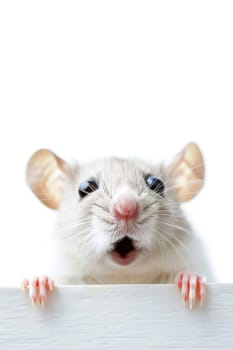 Comical white mouse with a surprised expression on white background, ideal for educational purposes, humorous content, or pet-related advertising. Copy space for text. Surprised animal. Generative AI