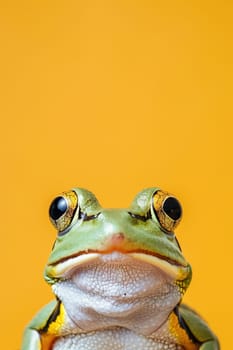 Engaging image of a frog with a quirky expression, set against a vivid yellow backdrop, is ideal for marketing, creative projects, or educational content. Copy space for text. Generative AI