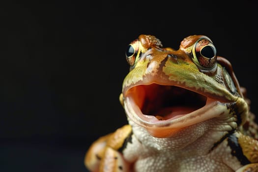 Vivid close-up of a frog with a startled expression against a black backdrop, ideal for educational content, wildlife themes, and creative projects. Copy space for text. Surprised frog. Generative AI