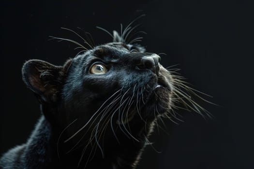 Majestic black panther portrait with deep gaze, perfect for wildlife themes, nature campaigns, or high-contrast art in ads with space for text. Generative AI