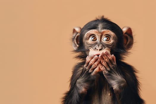 Cute, surprised monkey with large, captivating eyes on brown background. Ideal for promotions, great deals or offers. Good price, Black Friday, discount. Copy space for text. Generative AI