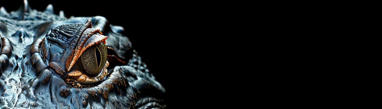Close-up of a crocodile against a dark background, highlighting intricate details, ideal for wildlife campaigns, horror themes, and textural contrasts in design. Banner with copy space for text. Generative AI