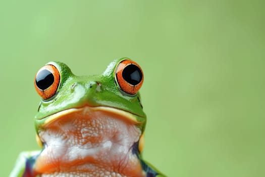 Engaging image of a frog with a quirky expression, set against a vivid green backdrop, is ideal for marketing, creative projects, or educational content. Copy space for text. Generative AI