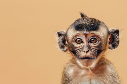 Expressive monkey with striking eyes on a beige background, perfect for animal themes, educational content. Copy space for text. Generative AI