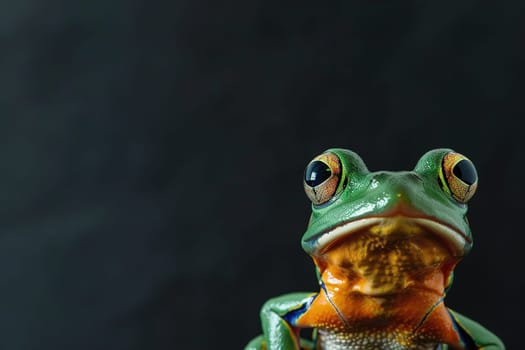 Captivating frog close-up against a dark backdrop, perfect for educational content, nature themes, vibrant graphic designs, or as an engaging visual for articles. Copy space for text. Generative AI