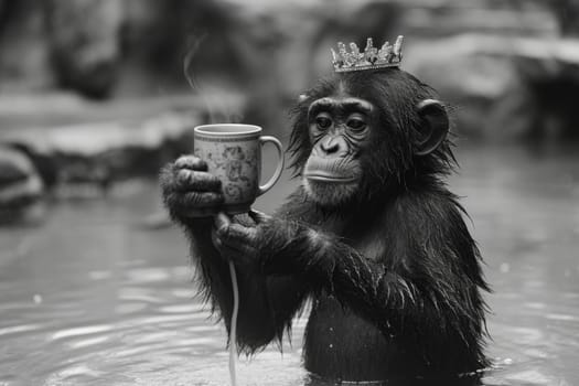 Monkey with a crown on his head and a glass of tea in his paw outdoors.