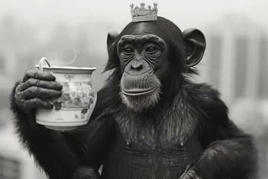 Monkey with a crown on his head and a glass of tea in his paw outdoors.