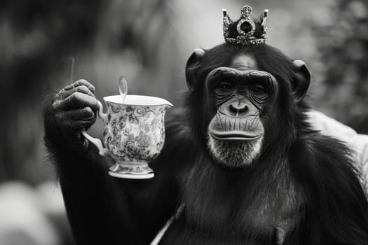 Monkey with a crown on his head and a glass of tea in his paw outdoors.