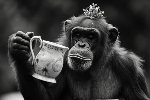 Monkey with a crown on his head and a glass of tea in his paw outdoors.