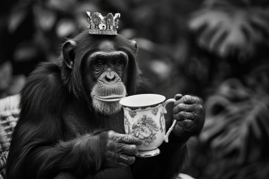 Monkey with a crown on his head and a glass of tea in his paw outdoors.