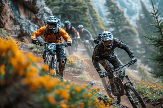 Two mountain bike riders at a mountain bike cross-country competition in the mountains.