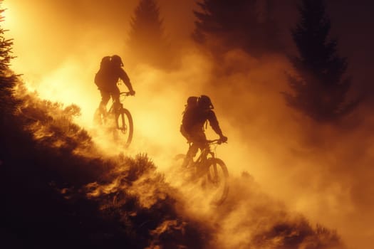 Two mountain bike riders at a mountain bike cross-country competition in the mountains.
