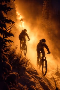 Two mountain bike riders at a mountain bike cross-country competition in the mountains.