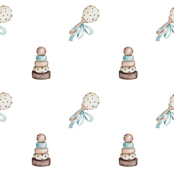 Baby wooden retro toys pattern. Boho seamless pattern with eco accessories pyramid and rattle with a blue bow. Scandinavian children's clip art. For textiles, diapers and packaging paper. High quality illustration