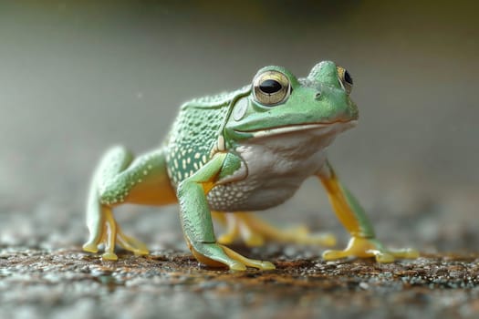A tree green frog walks in the rain in nature.