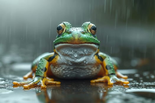 A tree green frog walks in the rain in nature.