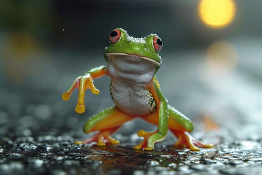 A tree green frog walks in the rain in nature.