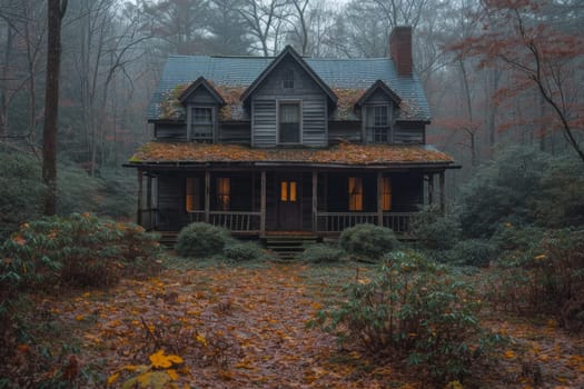 An old gloomy lost house in the woods in the wilderness.