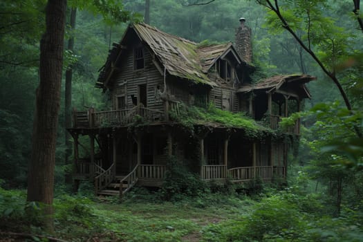 An old gloomy lost house in the woods in the wilderness.