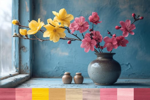 A colorful floral arrangement of flowers stands in a vase on a blue background.