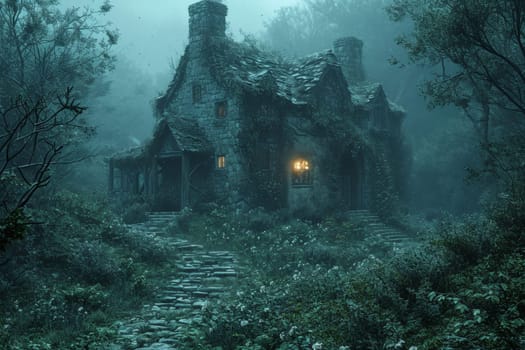 An old gloomy lost house in the woods in the wilderness.