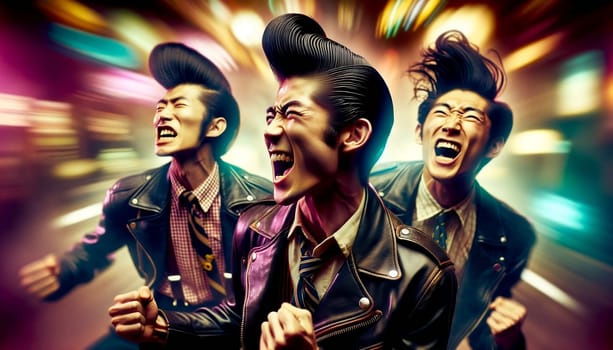 Portrait of Japanese Rockabilly Enthusiasts with Iconic Hairstyles, Close Up. High quality photo