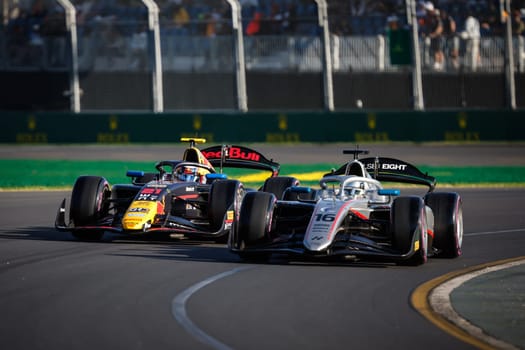 MELBOURNE, AUSTRALIA - MARCH 22: Josep Maria Marti of Campos Racing and Amaury Cordeel of Hitech GP during qualifying at the 2024 Formula 2 Australian Grand Prix at Albert Park in Melbourne, Australia