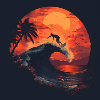 The surfer gracefully rides a wave as the sun sets, casting an orange glow over the ocean. The sky is a stunning afterglow of colors, creating a beautiful atmosphere