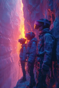 Young people using virtual reality glasses conduct team training.