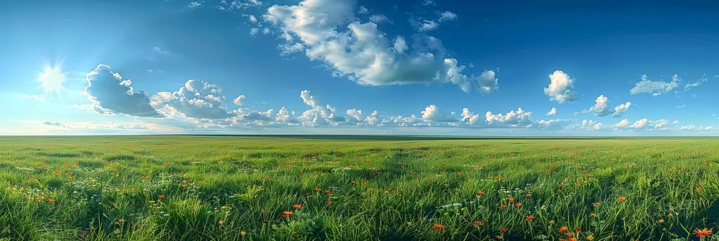 Panoramic photo of a landscape with a green field with wildflowers and a blue sky with clouds on the horizon on a summer sunny day.