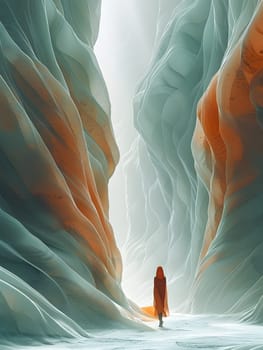 An artist is capturing the stunning landscape of a canyon with watercolor paint. The geological phenomenon, ice caps, and glacial landforms create a freezing, picturesque scene on the sloping walls