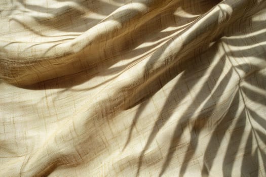 Warm, natural textile backdrop with the soft play of palm shadow and light, ideal for organic, sustainable design elements and backgrounds. Nordic style backdrop. Generative AI