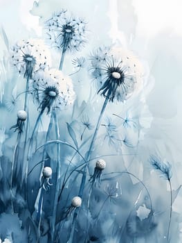 A cluster of dandelions bloom in a natural grassy landscape against a vibrant blue sky. The delicate petals of the flowers create a beautiful artistic scene