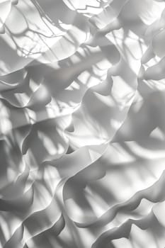 A captivating play of light and shadow on undulating white fabric creates a tranquil, elegant backdrop suitable for a wide range of design applications. Vertical picture. Generative AI