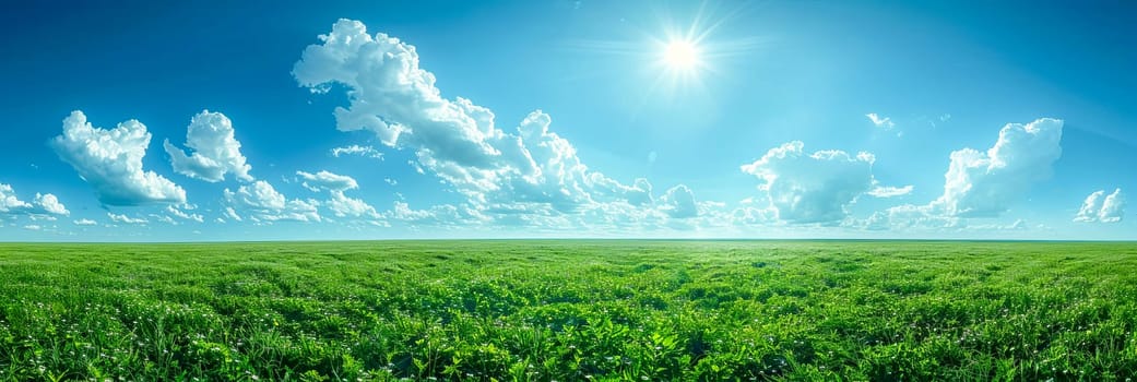 Panoramic photo of a landscape with a green field with wildflowers and a blue sky with clouds on the horizon on a summer sunny day.