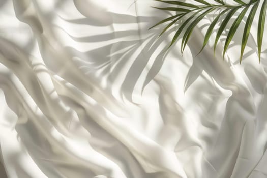 Natural, minimalistic background with white textile, palm leaves and beautiful light. Empty, copy space for text. Nordic style backdrop. Generative AI