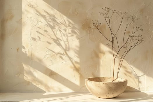 A serene composition with a ceramic bowl and delicate dried flowers casting soft shadows on a textured beige background. Empty, copy space for text. Nordic style backdrop. Generative AI