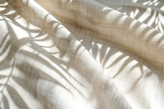 Serene beige textile surface with gentle folds and soft shadows of palm leaves, perfect minimalist setting for branding, product showcases, artistic backdrops. Nordic style background. Generative AI