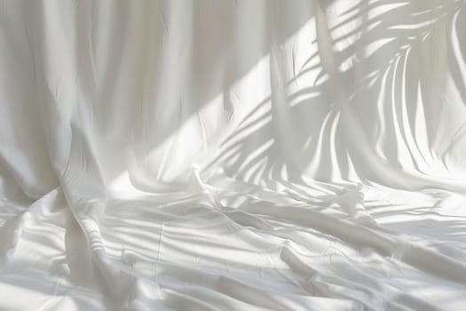 Serene white textile surface with gentle folds and soft shadows of palm leaves, perfect minimalist setting for branding, product showcases, artistic backdrops. Nordic style background. Generative AI